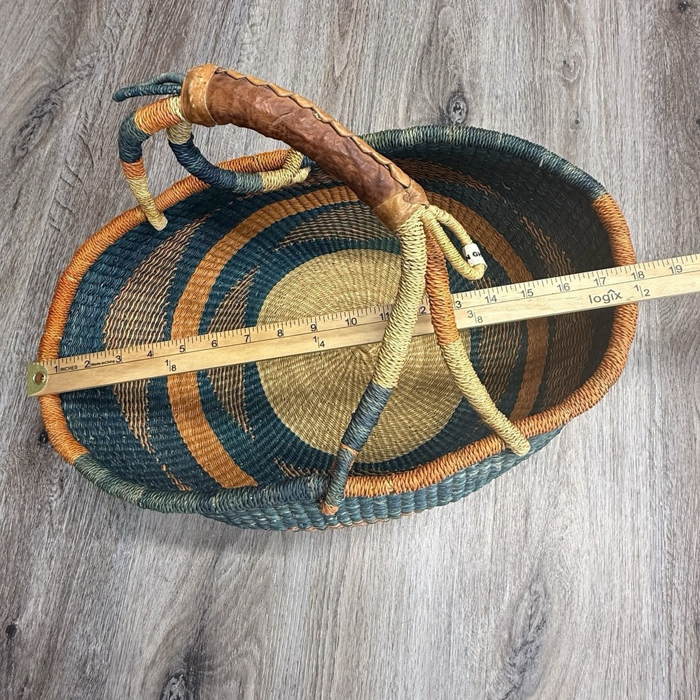 Woven African Bolga Ghana Market Basket Large Leather Handle - Picture 13 of 16